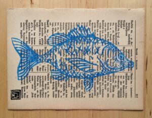 Linoldruck Fisch Snapper blau auf Buchseite